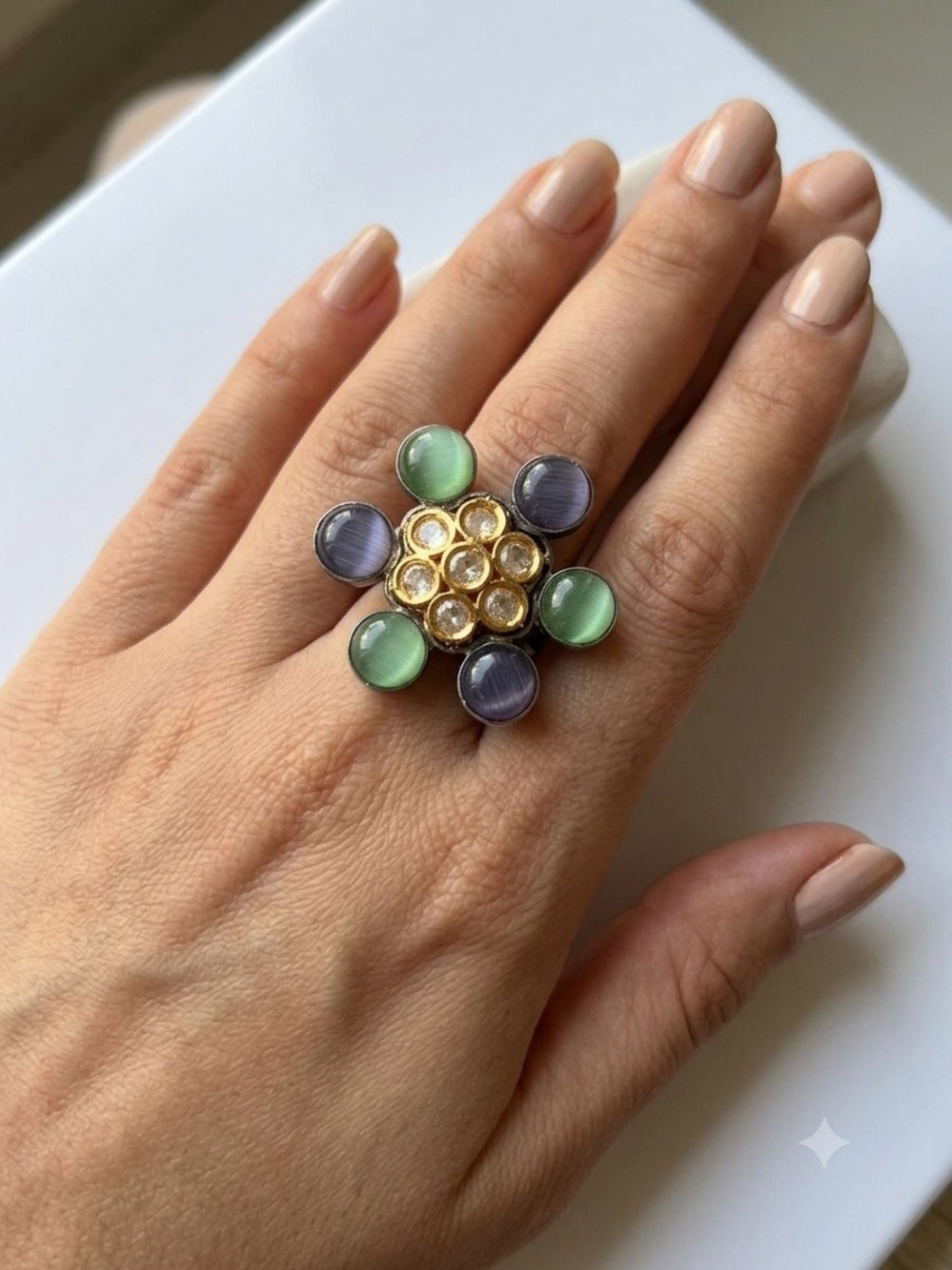 Gold Floral Multi-Stone Ring with Green and Gray Cabochons